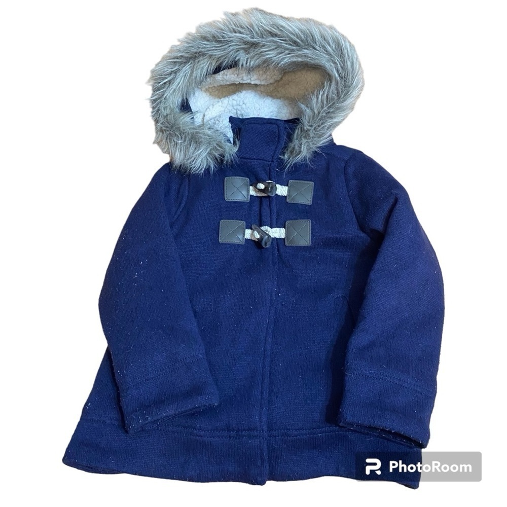 Old Navy Sz 5 Blue Coat Toggle Button Faux Fur Hood Jacket XS Full Zip